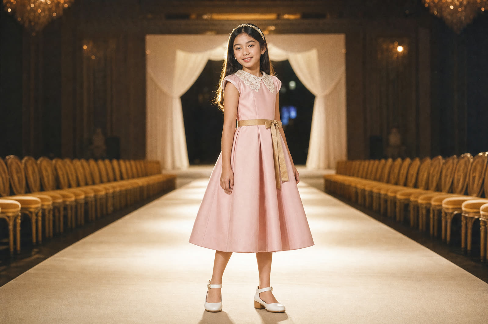 A girl in a full silk skirt mid-turn backstage