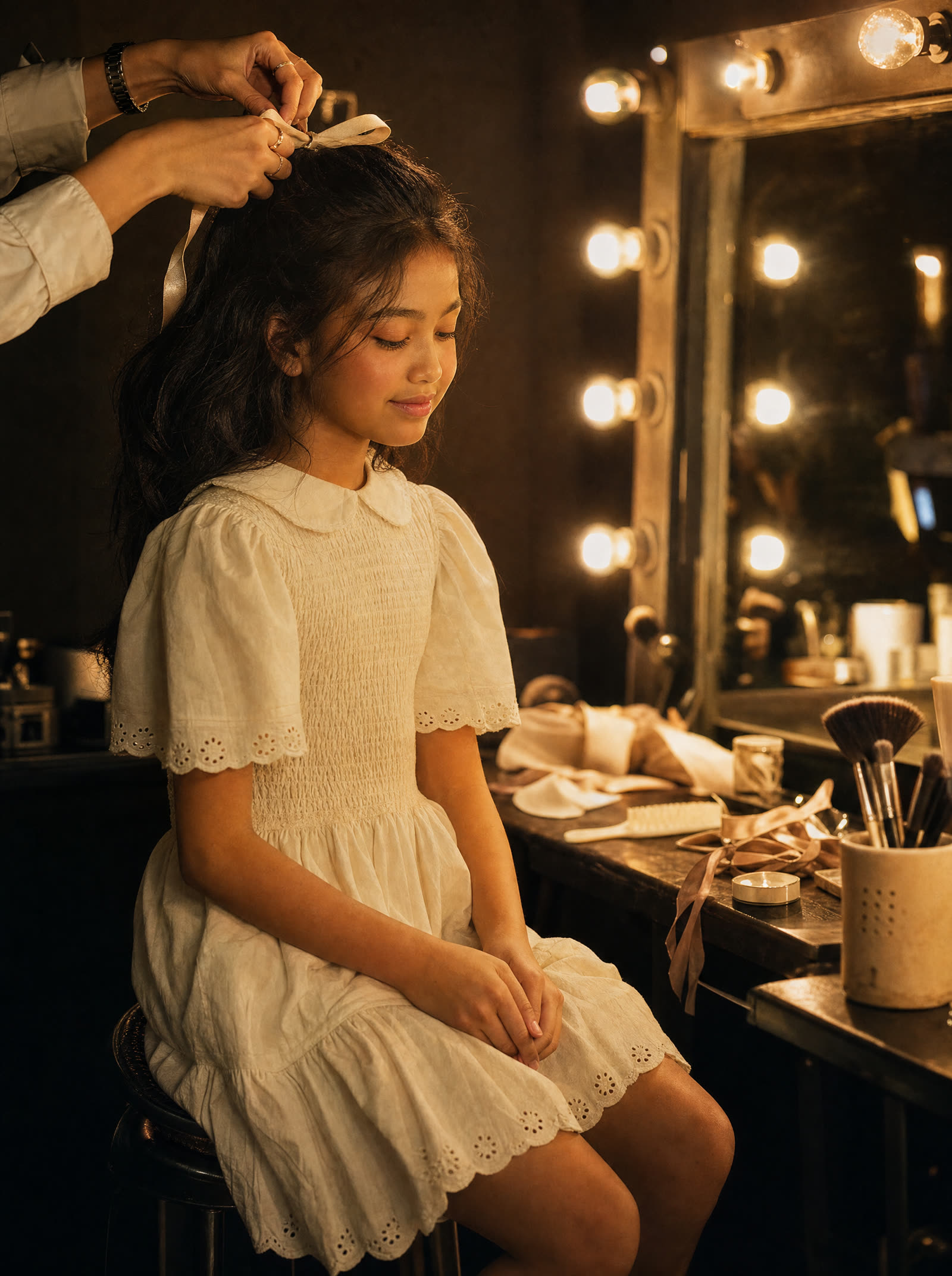 A stylist’s hands adjusting a child’s outfit backstage