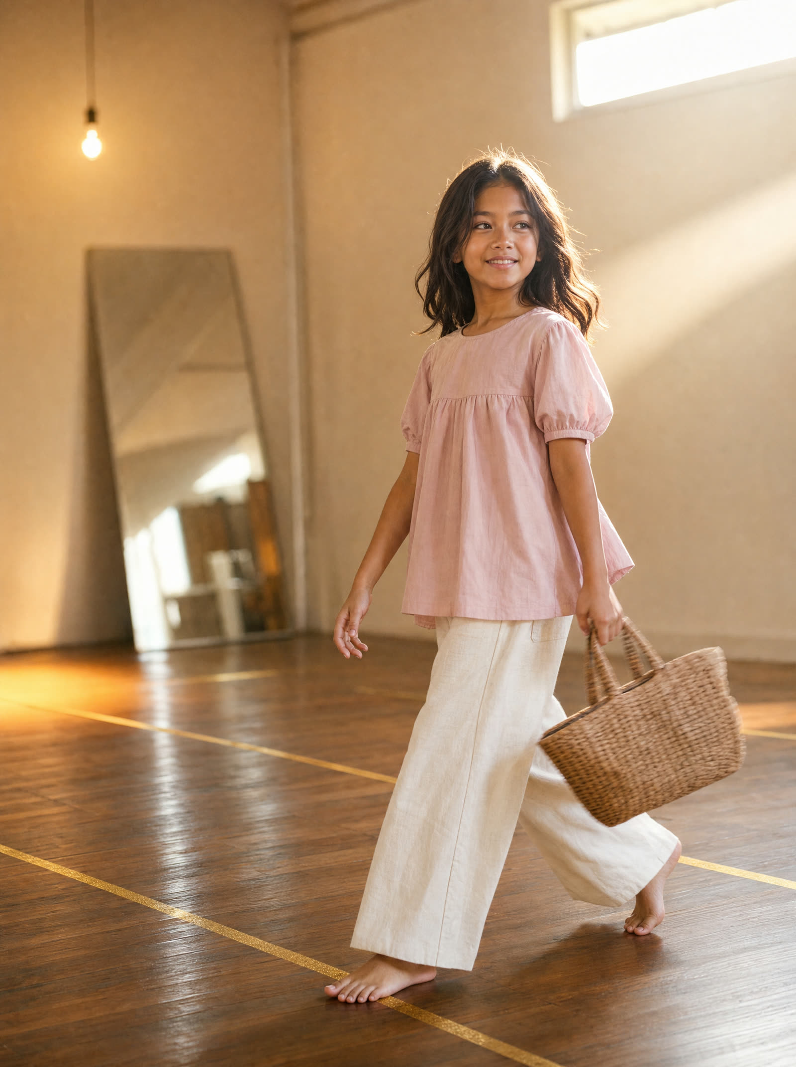 A girl practising a runway walk alone in the studio