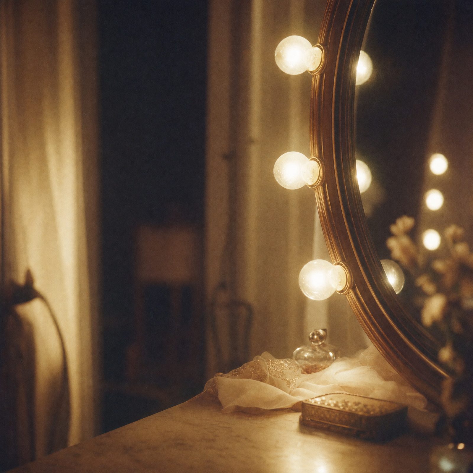 A vanity mirror framed with bulbs before call time
