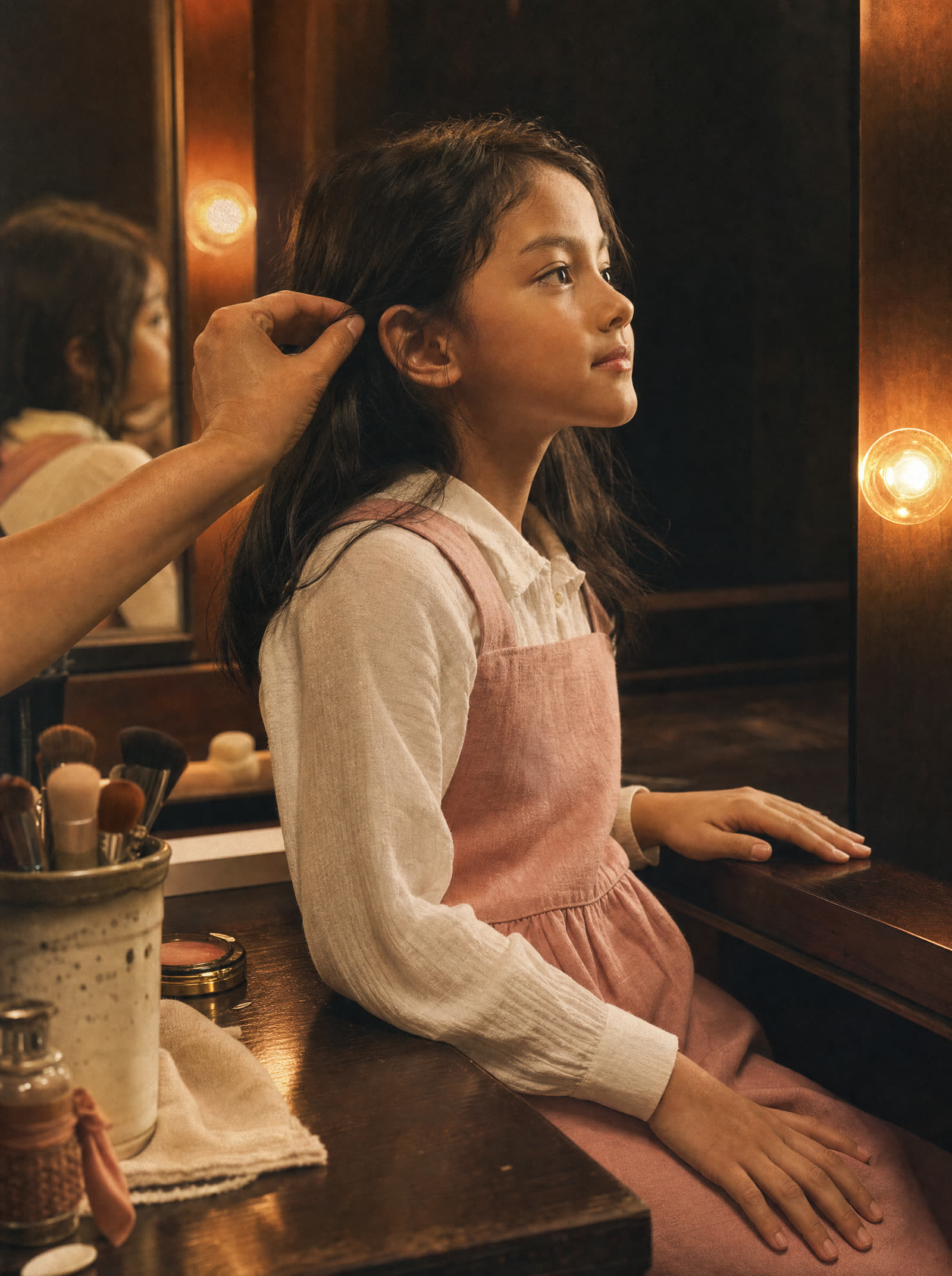 A child at a lit vanity mirror before a show