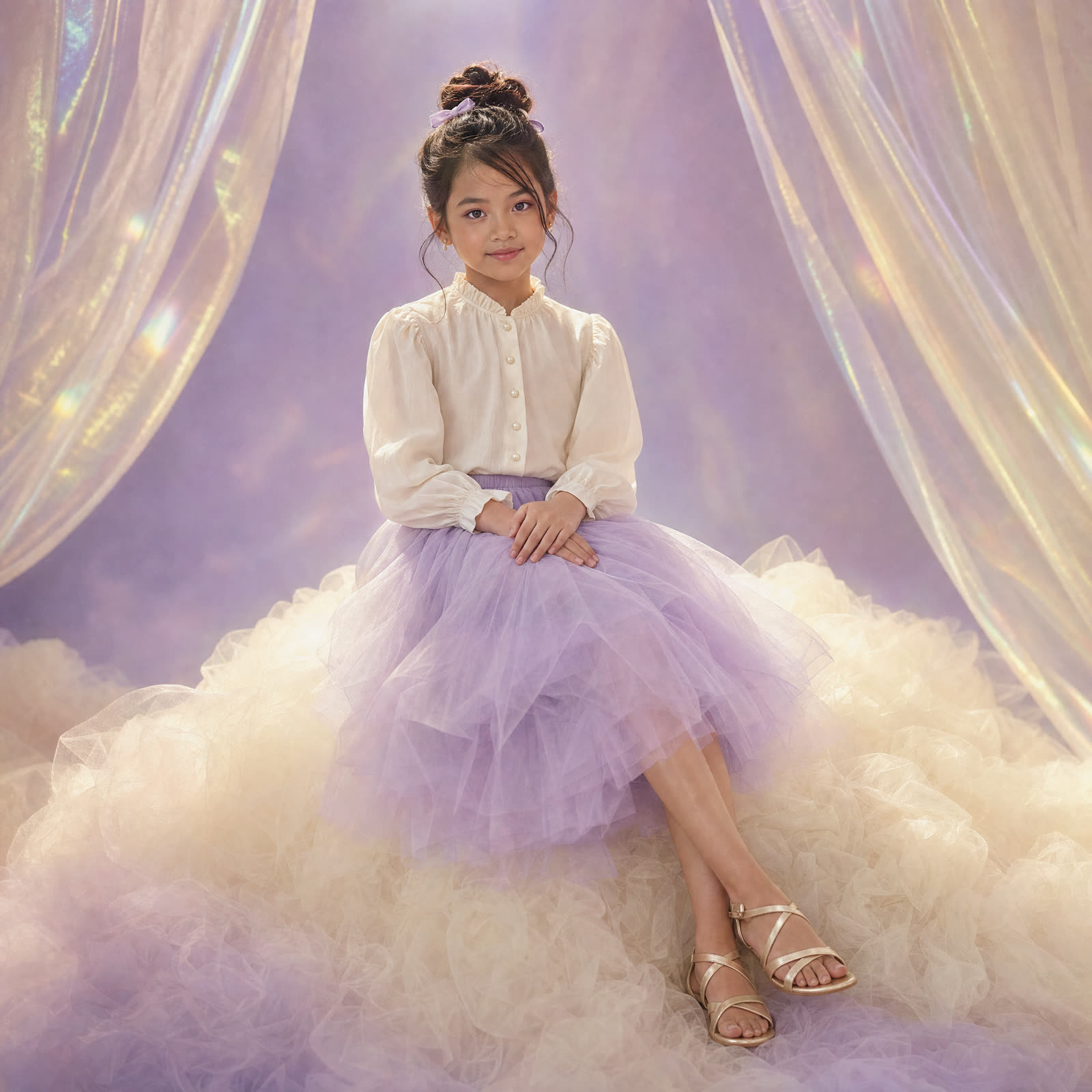An indigo photoshoot set with drifting fabric and star lights