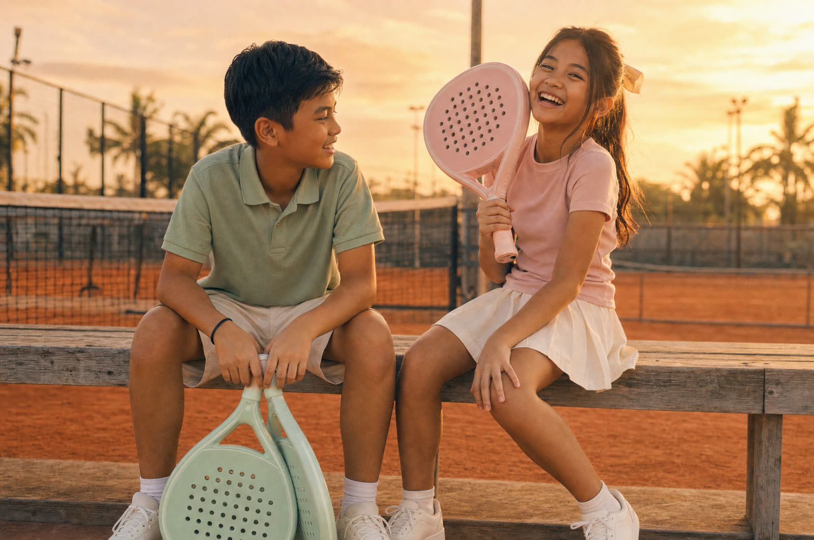 Children posing courtside for a padel editorial