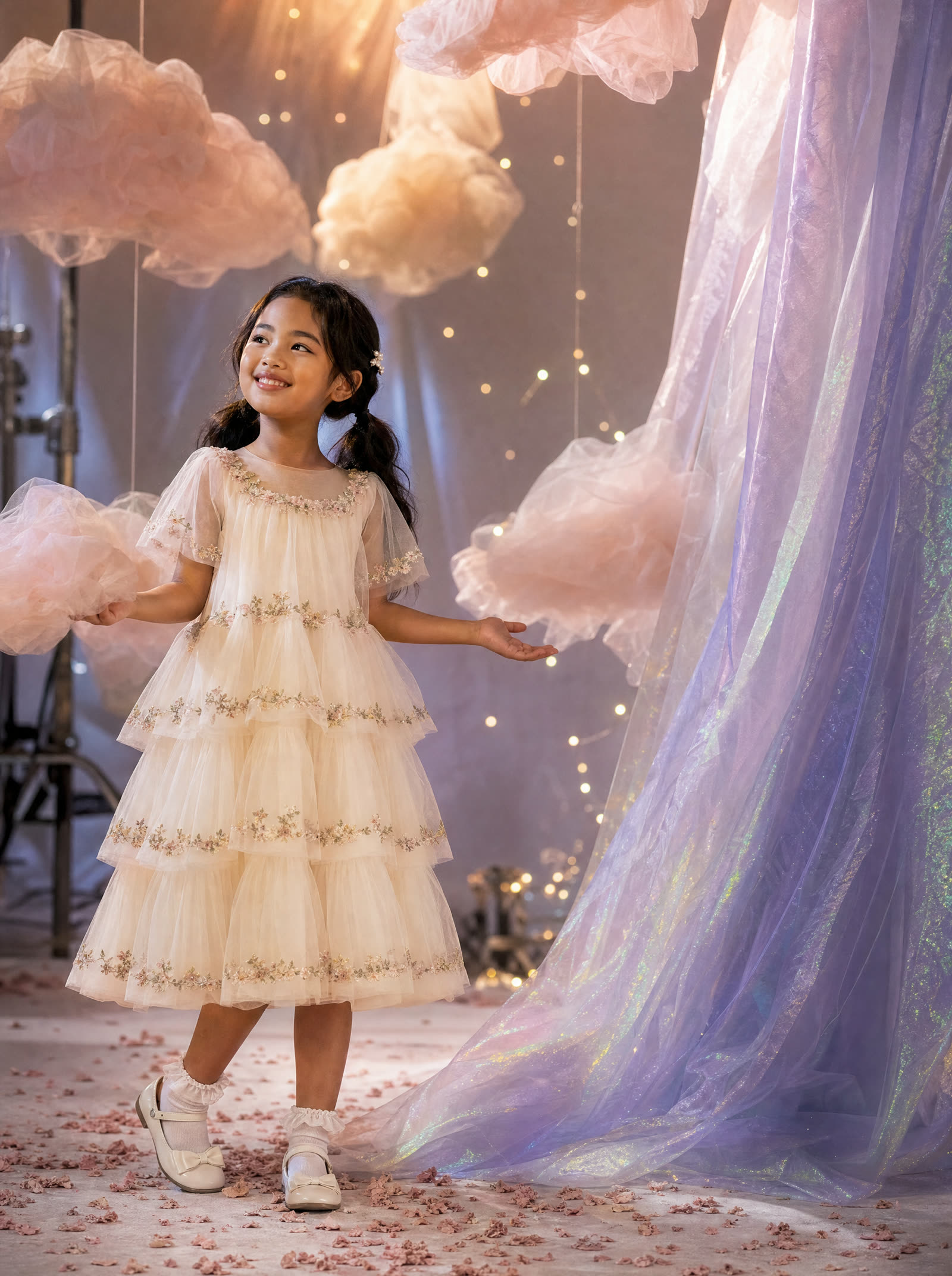 A child posing on the indigo Cosmic Romance set with star lights