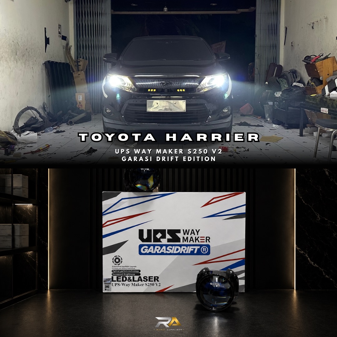 Toyota Harrier dengan proyektor UPS Way Maker S250 V2 menyala