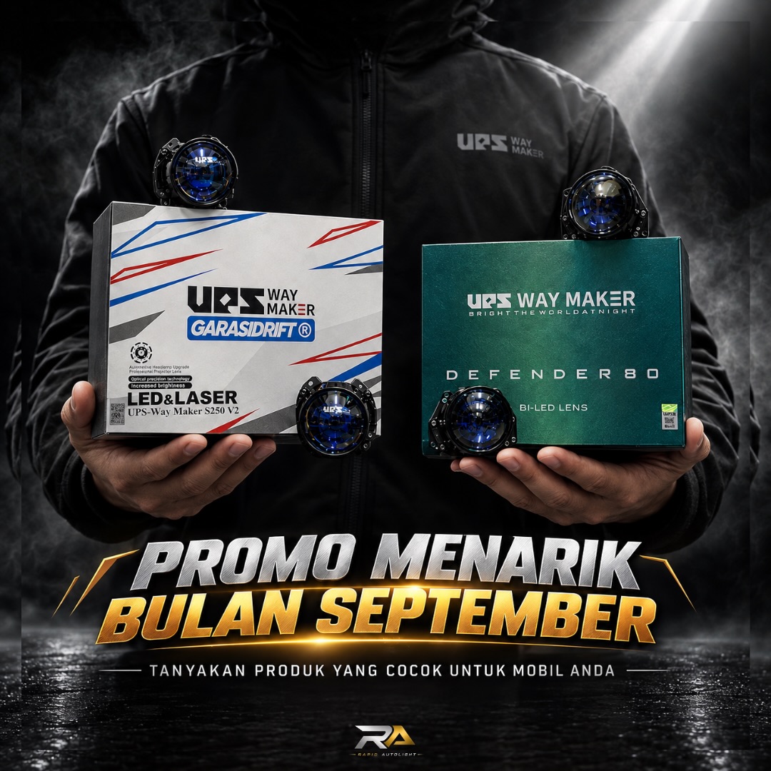 Poster promo bulan September dengan dua kotak proyektor UPS Way Maker