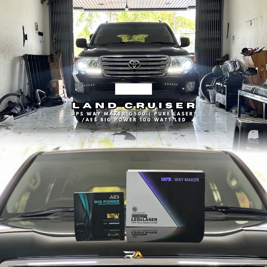 Toyota Land Cruiser dengan lampu UPS Way Maker G500 menyala di workshop