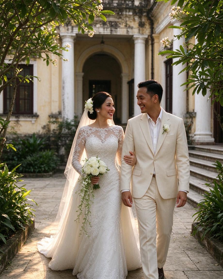 Pasangan pengantin berjalan di lorong bercahaya