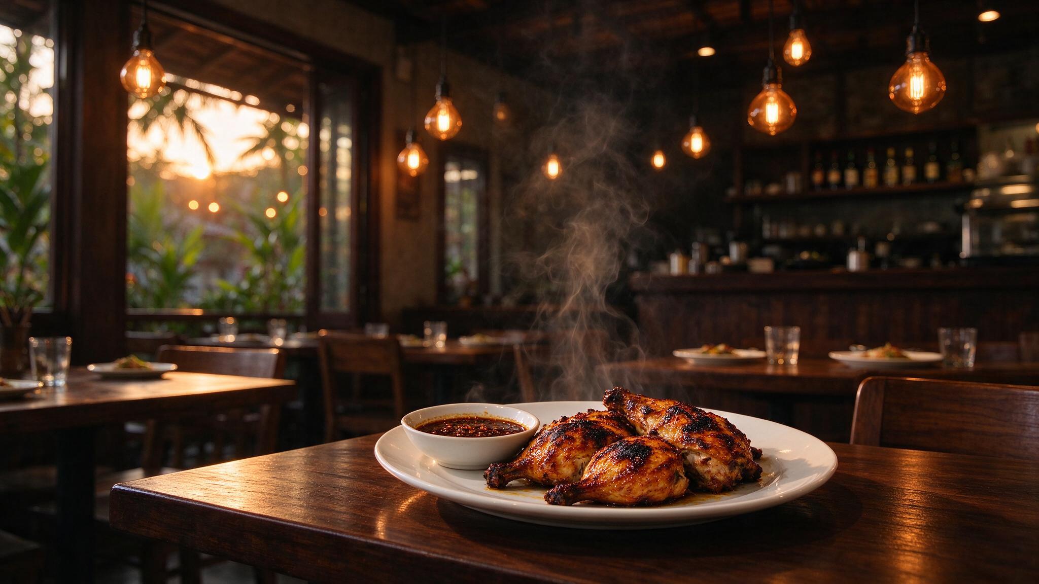 Warung saat lampu mulai menyala, sepiring ayam bakar di meja