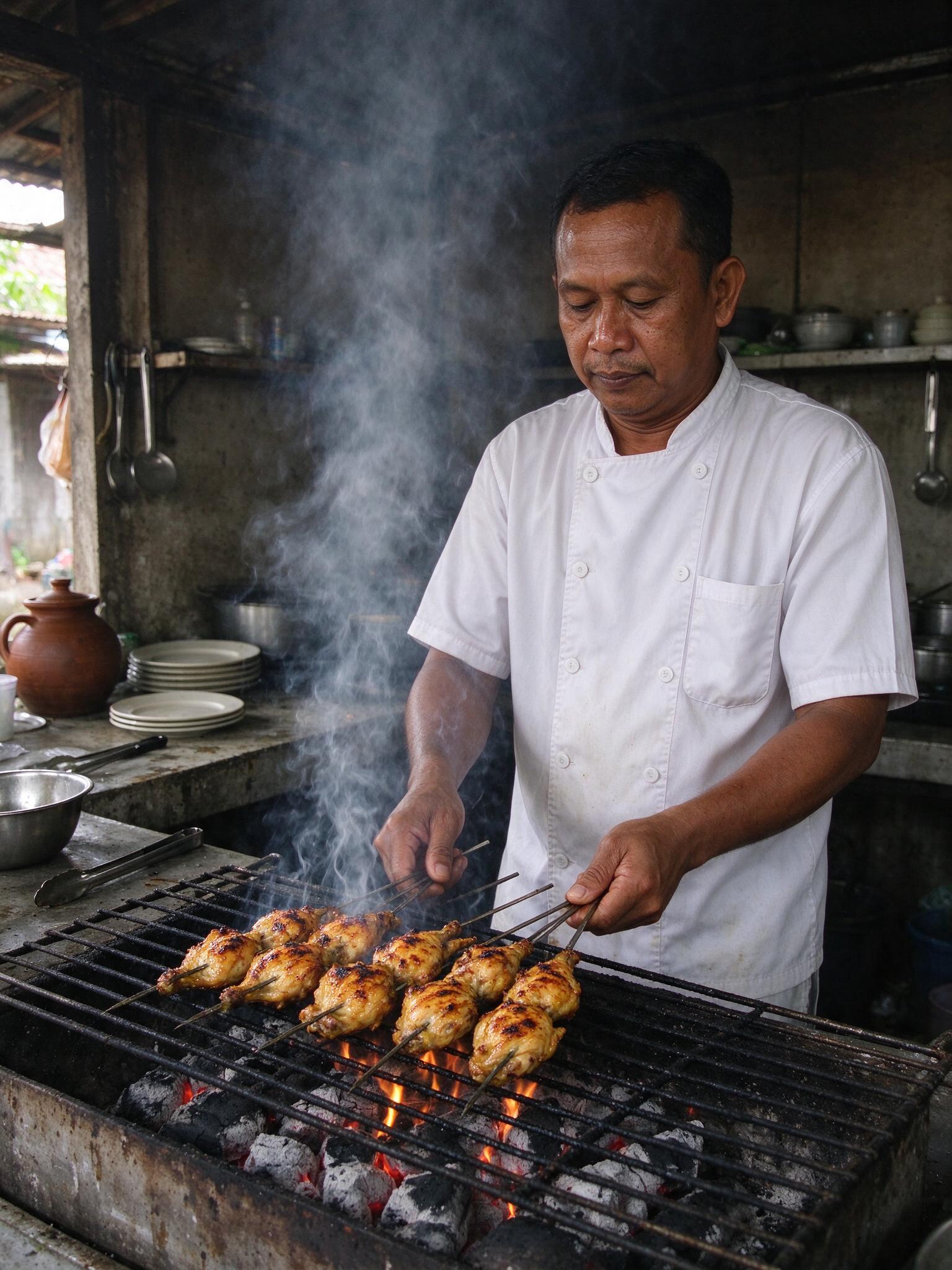 Kepala dapur membalik ayam di atas arang