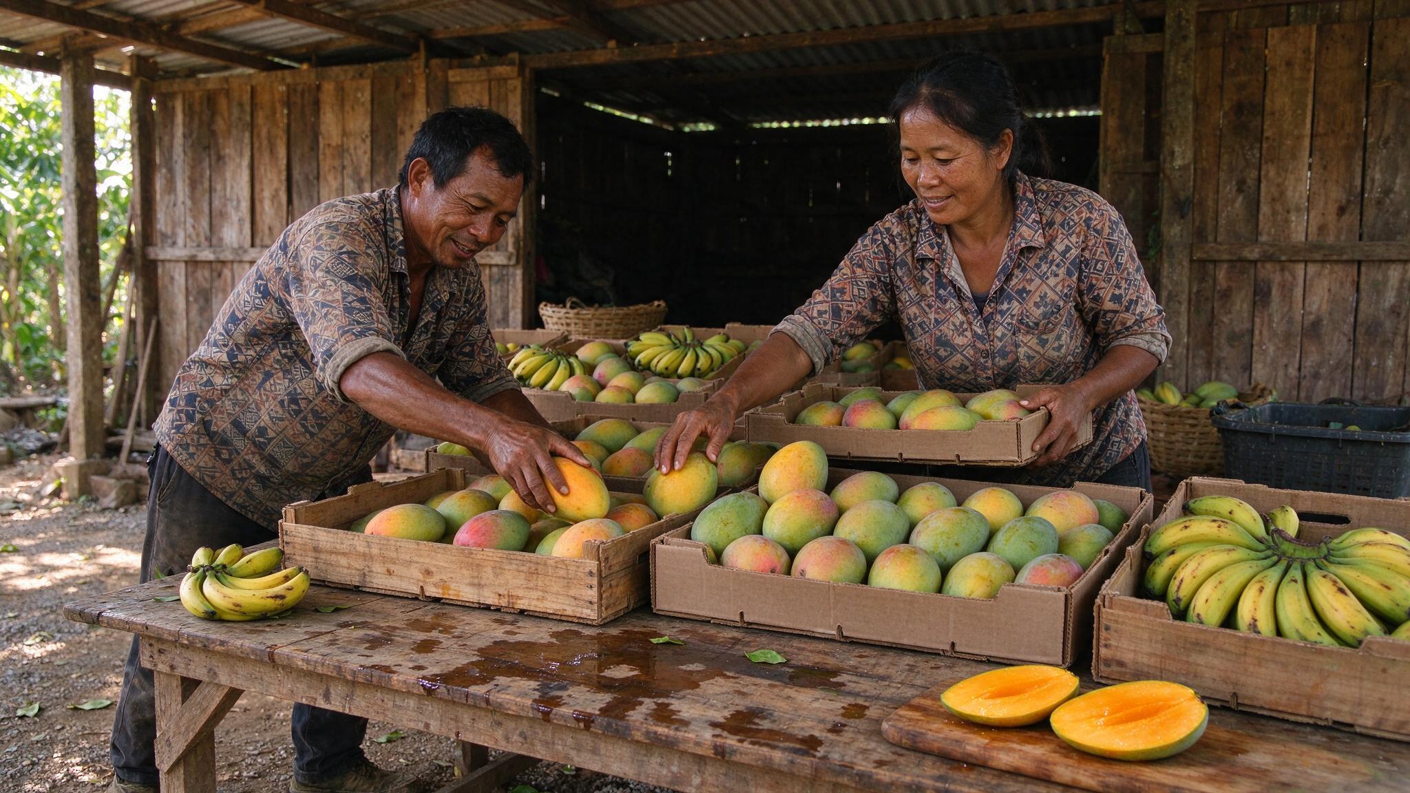 Menyortir buah di gudang kecil