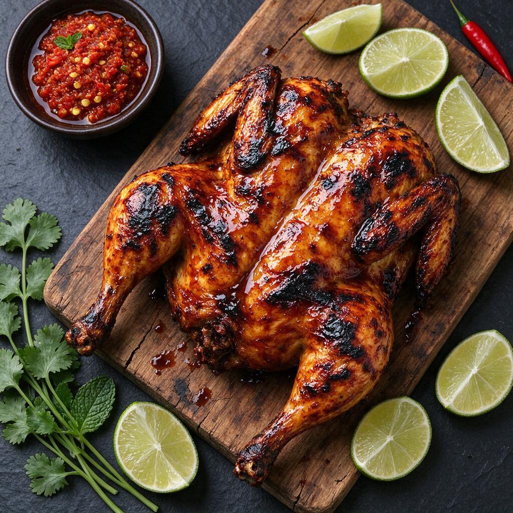 Ayam bakar utuh di atas talenan kayu
