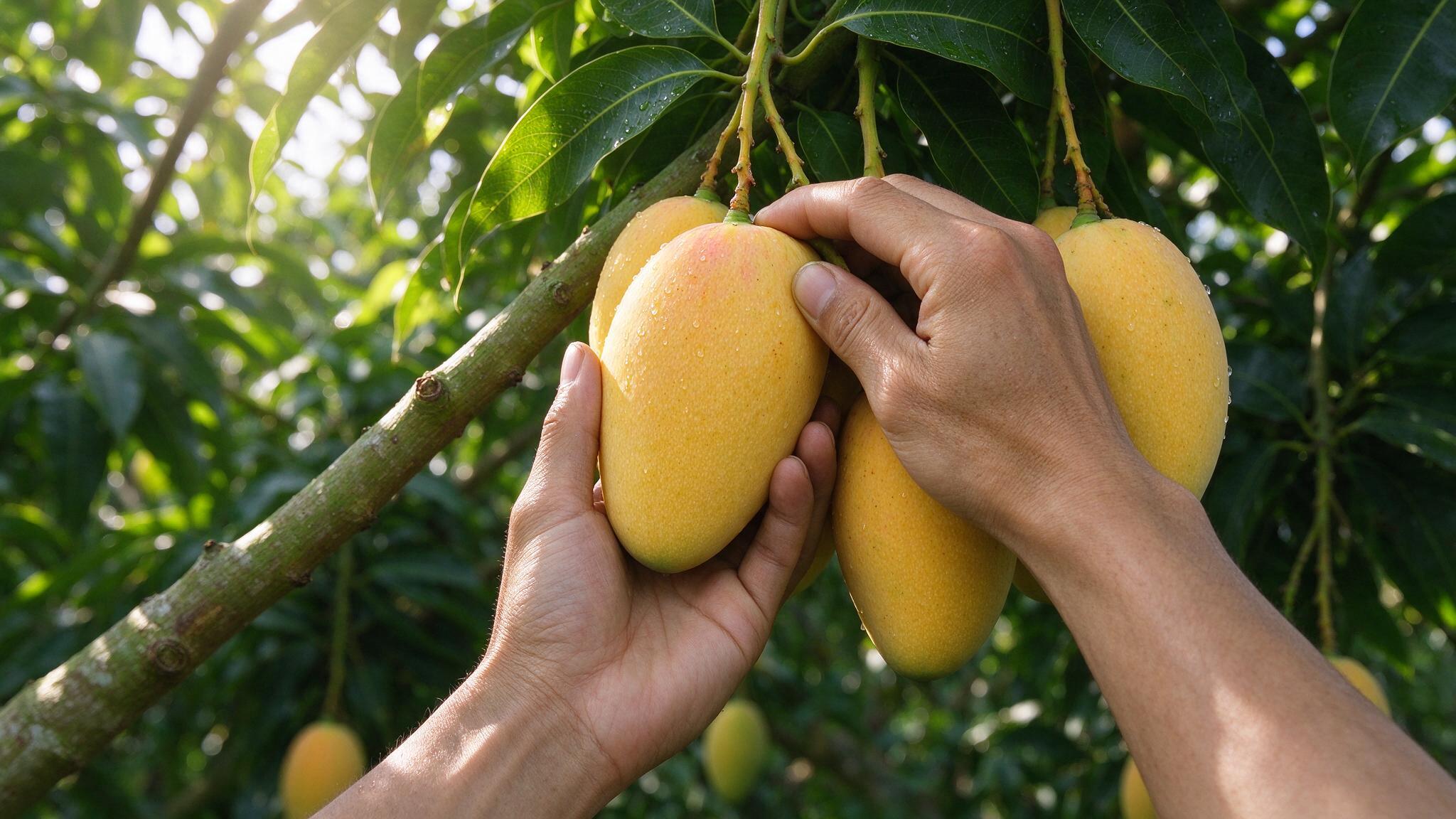 Tangan memetik mangga dari dahan