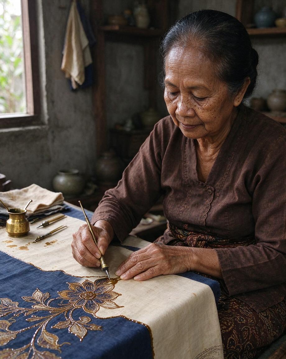 Perajin batik mengerjakan kainnya