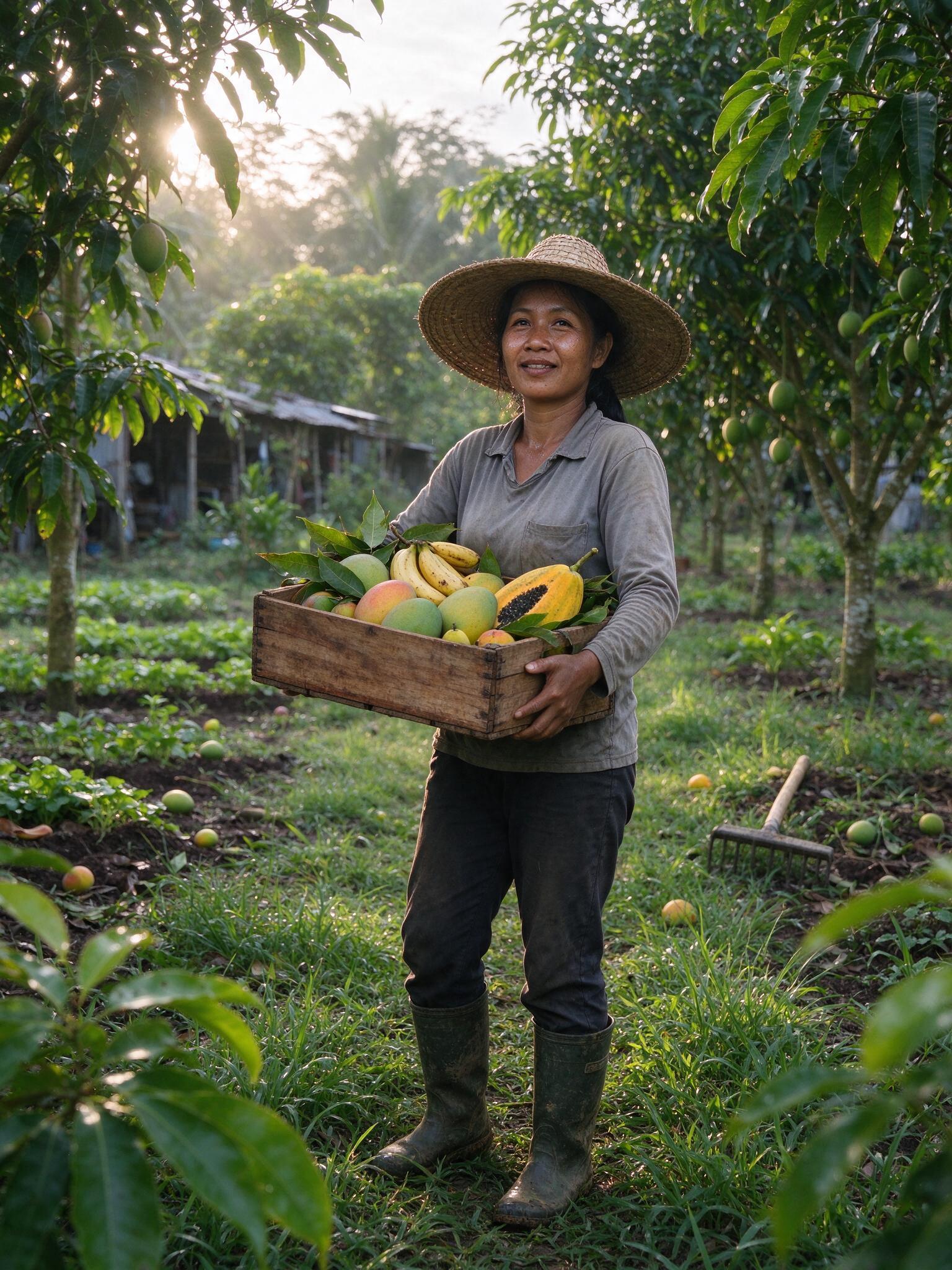 Petani membawa keranjang buah di kebun